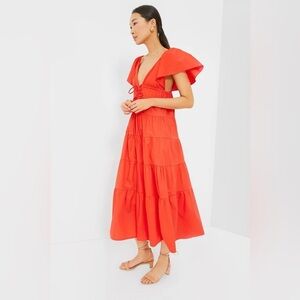 O.P.T Fallen Tiered Cotton Red Orange Flutter Sleeve Maxi Dress Sz xs